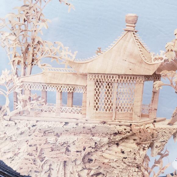 Vintage Chinese Diorama Cork Art Carving Glass Case~Pagoda/Trees/Cranes - Picture 5 of 10